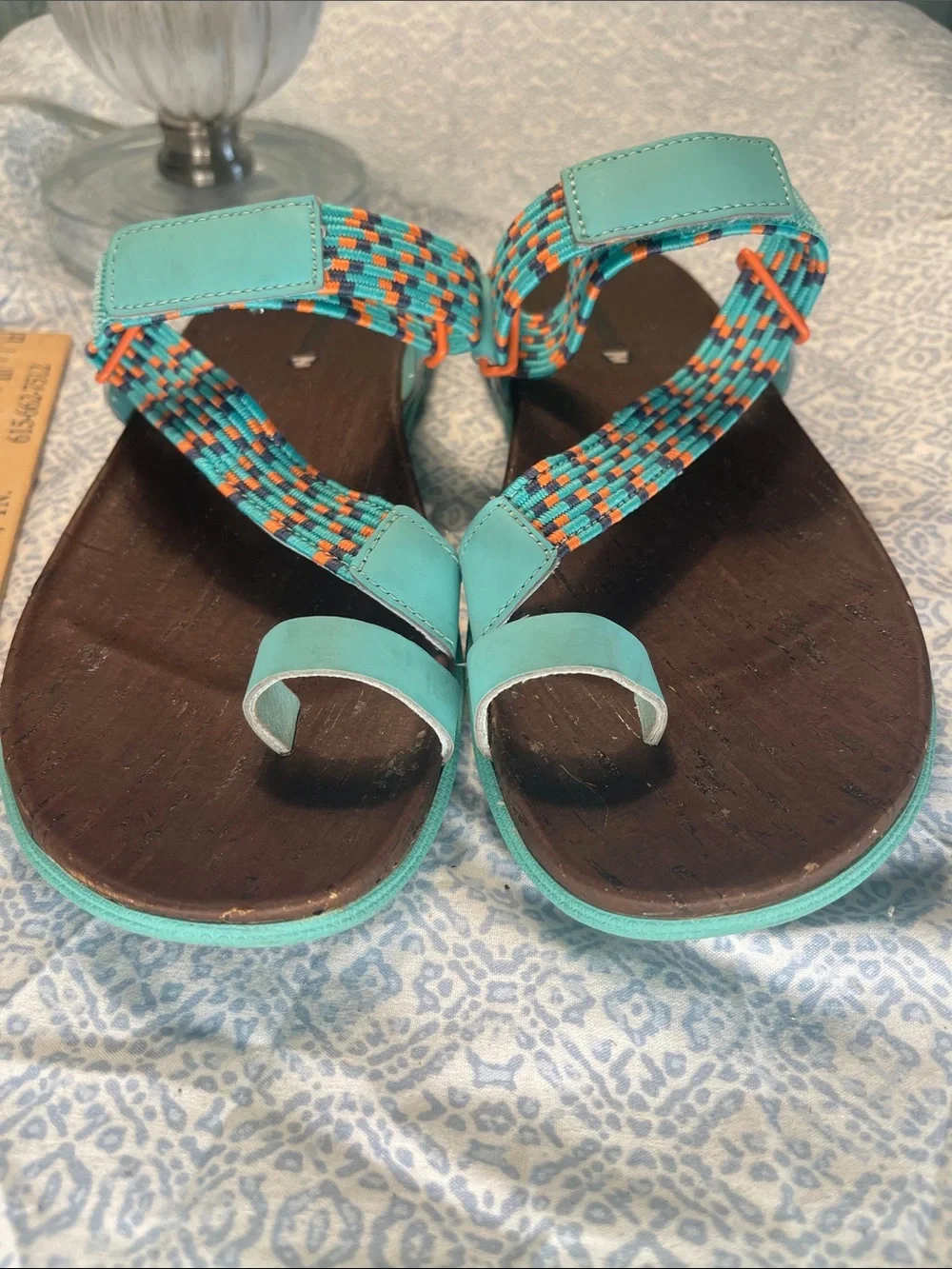 Merrell Around Town Sun Vue Turquoise/Orange Braided Toe-Loop Sandals Thong Sz 9